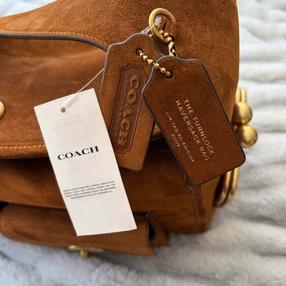 NWT Coach Turnlock Haversack Shoulder Bag Suede Warm Brown/Brass - Picture 10 of 10